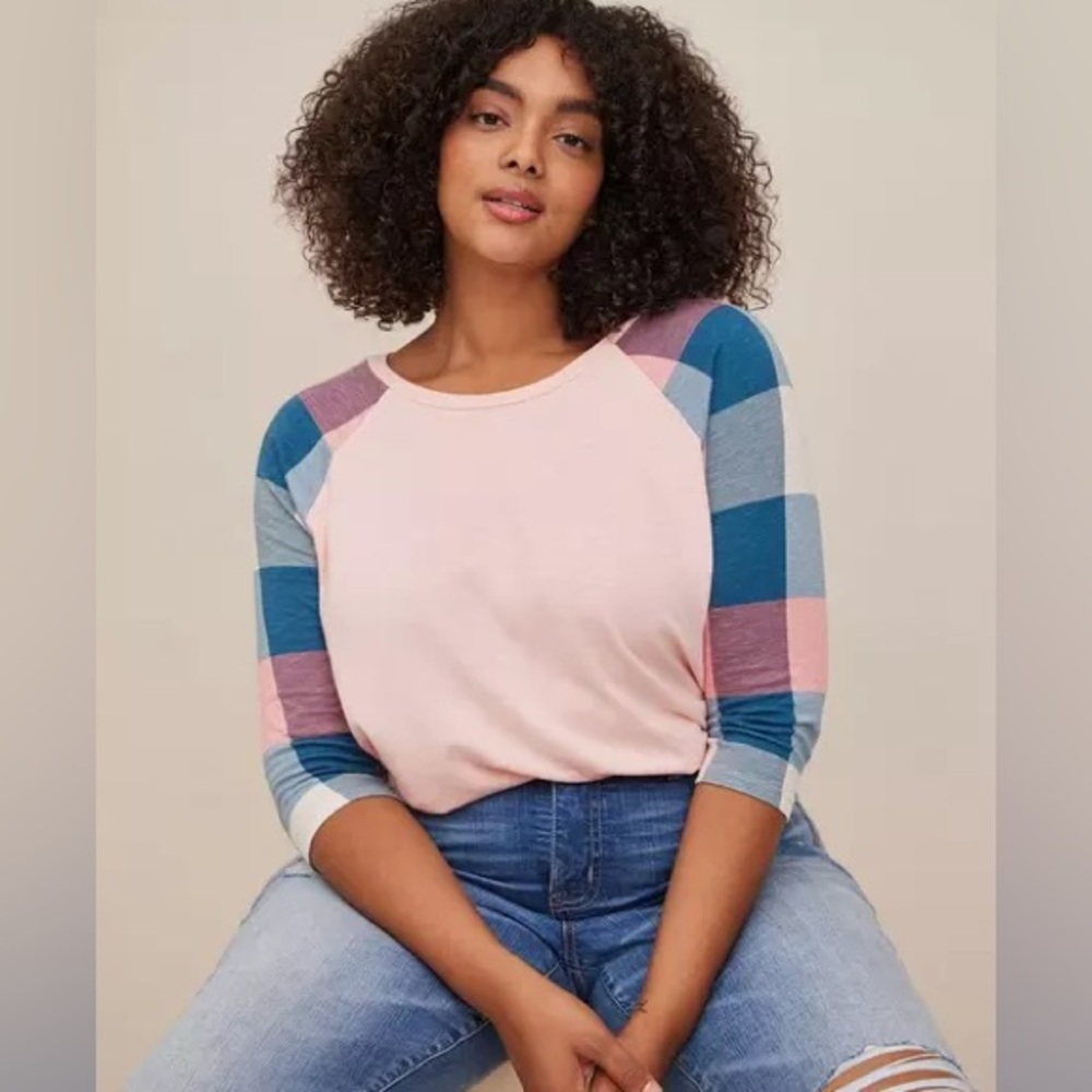 Torrid Classic Fit Super Soft Slub Raglan pink teal plaid Tee size 3X